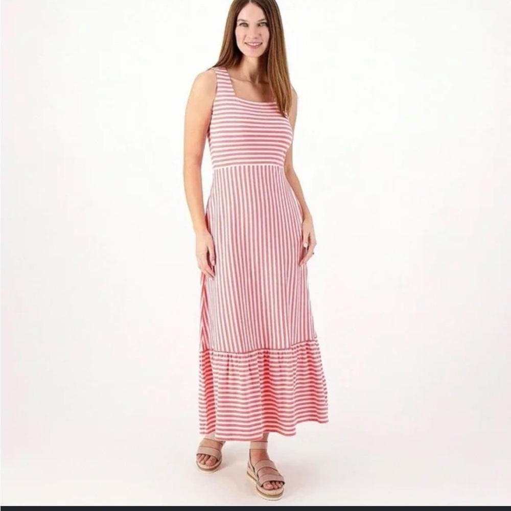Sleeveless Lands End Coral & White Striped Maxi Dress